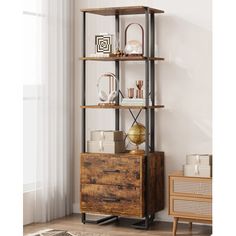 a tall wooden shelf with drawers in front of a white wall and a rug on the floor