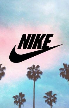 the nike logo is shown in front of palm trees and blue sky with white clouds