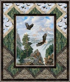 two birds flying over a mountain landscape with trees and mountains in the background on a quilted wall hanging