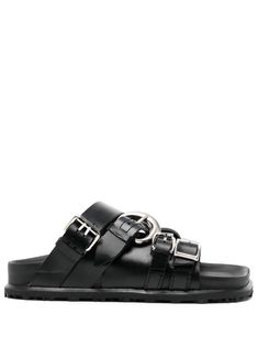 black calf leather top buckle fastening slip-on style branded insole square open toe flat rubber sole silver-tone hardware Designer Open Toe Footbed Sandals With Buckle, Black Leather Footbed Sandals With Tang Buckle, Black Sandals With Rectangular Buckle Closure, Designer Black Slides With Buckle Closure, Designer Sandals With Leather Footbed And Rectangular Buckle, Luxury Black Footbed Sandals, Modern Leather Slides With Buckle Closure, Luxury Black Slides With Buckle Closure, Designer Open Toe Slides With Buckle Closure