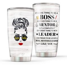 two personalized tumblers with the words boss and mentor on them, one is wearing sunglasses