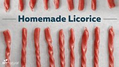 the words homemade licorce are written in blue and red letters on white paper