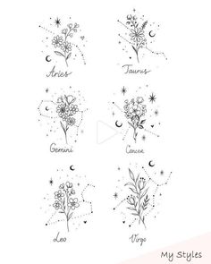 four different zodiac signs with flowers and stars in the sky, all drawn by hand