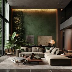 a living room filled with lots of furniture and plants in front of a large window