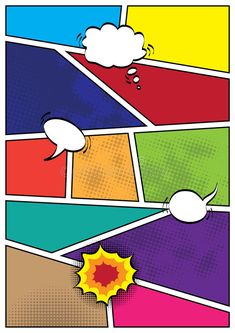 an abstract comic style background with speech bubbles in different colors and shapes, including the word bubble