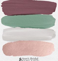 four different shades of green, pink, and white paint with the words ann's bridal on it