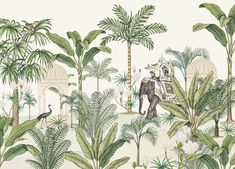 an elephant in the jungle with palm trees and other plants on it's side