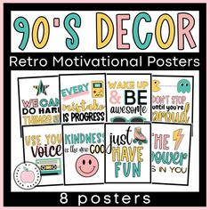 a poster with the words 90's decor on it and an image of a smiley face