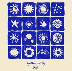 a blue and white drawing of sun, clouds, stars, and other things in squares