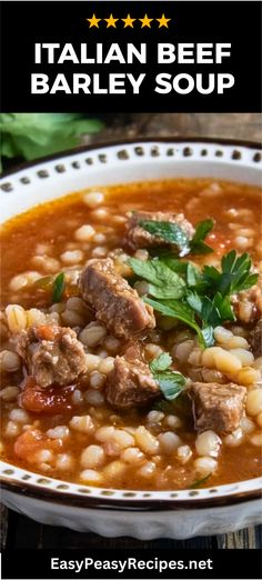 A hearty bowl of Italian Beef Barley Soup showcasing tender beef and vibrant veggies. This comforting dish is a classic winter favorite made from easy-to-follow steps, perfect for cozy dinners and family gatherings. Easy Beef Barley Soup, Beef And Barley Soup, Chunky Soup, Italian Soups, Beef And Barley, Vegan Jambalaya, Minced Beef Recipes, Italian Seasonings, Quick Pasta Dishes