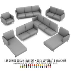 a set of grey couches and loveseat with ottomans on each side