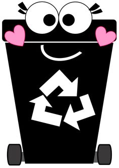 a black and white cartoon trash can with hearts on its nose, eyes and hands