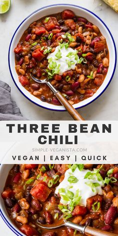 three bean chili in a white bowl with sour cream on top and the title above it