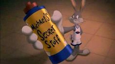 a cartoon rabbit holding a bottle with the words michael's secret stuff on it