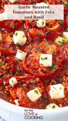 tomatoes with feta and basil in a white bowl