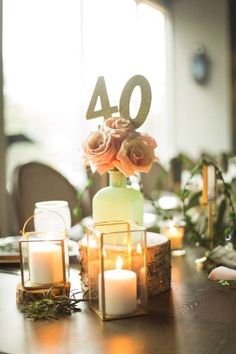 a table with candles and flowers on it