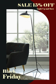 a black friday sale poster with a chair and lamp in front of a large window