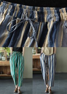 Blue Lace Up Pockets Cotton Crop Pants High WaistFabric: Cotton 45%, Linen 55%Size & Fit: This garment fits true to size.Length: Size 2XL measures 33.15"from waist to hem.Waist:Fitted - elastic waist allows stretch Hip: Loosely Fitted. room for hips. Hand Wash Cold.