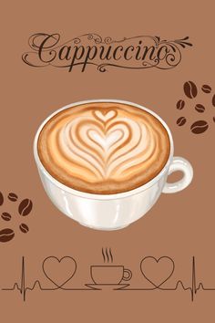 a cup of cappuccino with coffee beans and hearts on the side, in front of a brown background