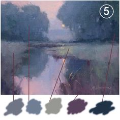 an image of some water and trees with the colors in it's palettes