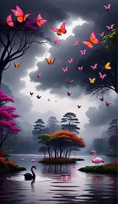 a painting of flamingos and butterflies flying over a lake