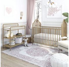 a baby's room with two cribs and a rug