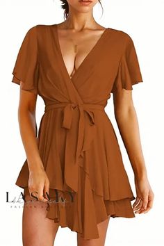 Lasaky - Elegant Short-Sleeved Maxi Dress with Flowing Design Cocktail Dress Short, Short Maxi Dress, Long Sleeve Evening Gowns, Burnt Orange Dress, Long Sleeve Dress Formal, Short Sleeve Maxi Dresses, Tie Waist Dress, Rust Dress, Vestido Casual