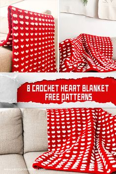 a red and white heart blanket with the words crochet heart blanket free pattern