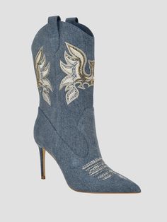 Blue denim booties Embroidered western detailing Rhinestone accents Tapered toe Stiletto heels 3.35" heel 8.27" shaft height Material: Synthetic Mid Calf Boots, Lifestyle Brand, Boot Shoes Women, Medium Blue, Lifestyle Brands, Mid Calf, Stiletto Heels, Bootie Boots, Blue Denim