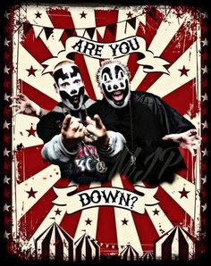 two clowns with their faces painted like they are pointing at the camera and saying, are you down?