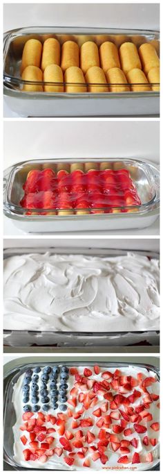 three trays filled with different types of desserts on top of eachother