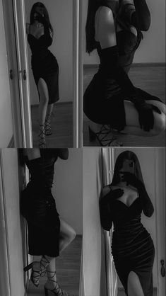 four photos of a woman in black dress and high heels posing for the camera with her hands on her hips