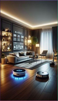 a living room filled with furniture and a robot vacuum on the floor in front of a couch