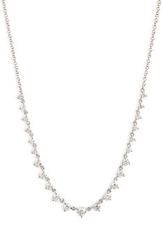 Prong-set diamonds lend icy shine to this delicate frontal necklace made with 14-karat white gold. Total diamond weight: 1.0ct. Color: G–H Clarity: SI1–I1 14k gold/diamond Imported >Diamond Guide Silver Platinum Bridal Necklace With Single Cut Diamonds, Silver Bridal Necklace With Single Cut Diamonds In Platinum, Silver Platinum Bridal Necklace With Diamond Accents, Diamond White Platinum Bridal Necklace With Single Cut Diamonds, Classic White Gold Bridal Necklace With Single Cut Diamonds, Dazzling Diamond White Necklace With Prong Setting, Diamond White Fine Jewelry Necklace With Sparkling Stones, Diamond White Necklace With Sparkling Stones, Platinum Bridal Necklace With Diamond Accents For Anniversary