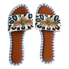 Whole Sizes: 6-10 Custom Hand Beaded Sandals Made to Order (allow 3-5 wks for delivery) *leave order note with size & for monogrammed style, also leave initials in order note See Beaded Collection ➡️ HERE Blue Leopard, Beaded Sandals, Hand Beading, Slip On Sandal, Coco, Custom Made, Initials, Bee, Sandals