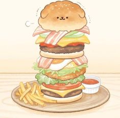 a drawing of a hamburger and fries on a plate