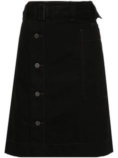 black cotton denim contrast stitching dart detailing silver-tone hardware two front patch pockets rear patch pocket straight hem unlined belt loops detachable and adjustable waist belt off-centre front button fastening Denim Skirt Black, Straight Skirt, Wide Belt, Skirt Black, Waist Belt, Dart, Black Cotton, Classic Black, Patch Pocket