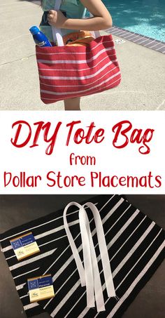 a woman holding a red and white tote bag in front of a swimming pool with text overlay that reads diy tote bag from dollar store placemats