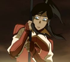 an anime character holding onto a pole in the air with her eyes wide open and one eye partially closed