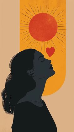 a woman is looking up at the sun above her head, with hearts floating out