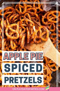 apple pie spiced pretzels in a skillet with text overlay that reads, apple pie spiced pretzels