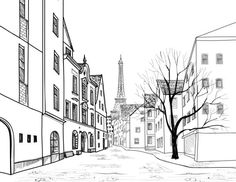 a black and white drawing of a street with buildings on both sides in the background