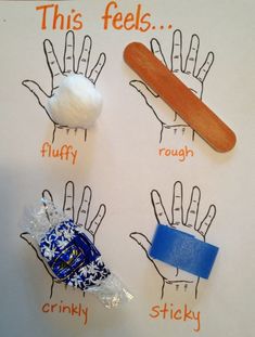 four different types of hand puppets on a white board