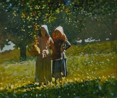 two women standing in the grass under an apple tree, one holding a basket and the other wearing a bonnet