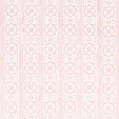 pink and white striped wallpaper with an ornate design on the bottom half of it