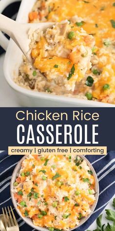 chicken rice casserole in a white dish with a serving spoon