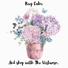 a pink vase filled with purple and blue flowers on top of a white background that says keep calm