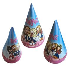 three blue and pink party hats with cartoon characters painted on the top one is for barbie