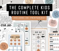 the complete kids's routine tool kit includes 20 printables and four different stickers