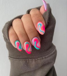 Flashy Nails Summer, Groovy Gel Nails, Cute Colorful Nail Designs, Bright Trendy Nails, Bright Abstract Nails, Pink Groovy Nails, Bonnaroo Nails, Cute Funky Nails Summer, Cute Funky Nails Almond